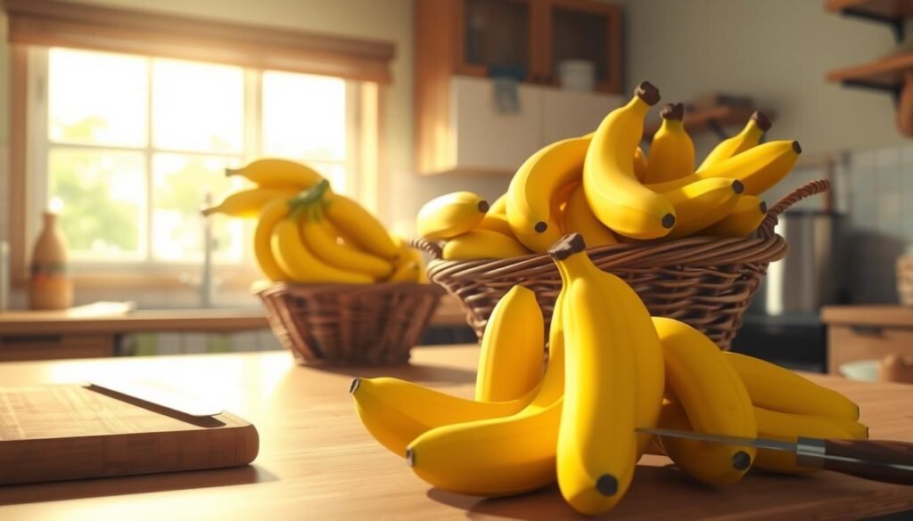 A well-lit kitchen counter with ripe, yellow bananas arranged in the foreground. A wooden chopping board and a sharp kitchen knife sit nearby, hinting at the preparation process. In the middle ground, a basket overflows with a variety of banana varieties, from small, stubby plantains to long, slender Cavendish. The background features a bright, airy window, allowing natural light to flood the scene, creating a warm, inviting atmosphere. The overall composition emphasizes the importance of selecting the perfect bananas for crafting a delicious and nutritious pure banana juice. A well-lit kitchen counter with ripe, yellow bananas arranged in the foreground. A wooden chopping board and a sharp kitchen knife sit nearby, hinting at the preparation process. In the middle ground, a basket overflows with a variety of banana varieties, from small, stubby plantains to long, slender Cavendish. The background features a bright, airy window, allowing natural light to flood the scene, creating a warm, inviting atmosphere. The overall composition emphasizes the importance of selecting the perfect bananas for crafting a delicious and nutritious pure banana juice.