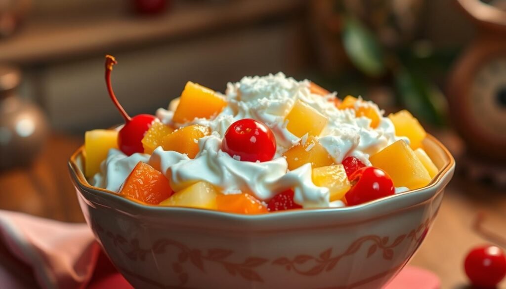 Ambrosia salad with vibrant tropical fruits, a creamy and decadent dessert. Plump ambrosia oranges, juicy pineapple chunks, and sweet maraschino cherries, all nestled in a lush bed of whipped cream. Shredded coconut dusts the top, adding a delightful crunch. The scene is bathed in soft, warm lighting, creating a cozy, inviting atmosphere. A vintage-inspired ceramic bowl holds this delightful AM-themed creation, showcasing its vibrant colors and luxurious texture. The overall mood is one of indulgence and whimsical delight, perfectly capturing the "Creative Uses for Food That Starts With AM" theme.