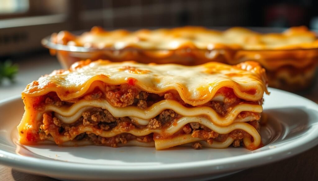 Baked ziti, a classic Italian-American comfort food, with layer upon layer of rich, creamy flavors. In the foreground, a cross-section reveals the intricate assembly: tender pasta noodles, a blanket of creamy béchamel sauce, and a generous spread of savory ground beef and marinara. The middle ground showcases the golden-brown, bubbly top layer of melted mozzarella cheese, beckoning the viewer to dive in. Subtle shadows and warm, natural lighting create an inviting, homemade atmosphere, showcasing the dish's irresistible texture and aroma. The background hints at a rustic, cozy setting, perhaps a family-owned trattoria or a welcoming home kitchen, where this beloved dish is prepared with care and passion.
