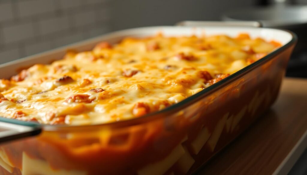 Baked ziti bubbling in a ceramic baking dish, golden-brown cheese topping glistening under warm, focused lighting. Layers of al dente pasta, creamy ricotta, and rich tomato sauce visible through the glass dish, showcased against a simple, softly blurred background. Camera positioned slightly elevated, capturing the preparation process in a visually appealing, appetizing manner that highlights the cooking techniques and final presentation of this classic Italian comfort food.