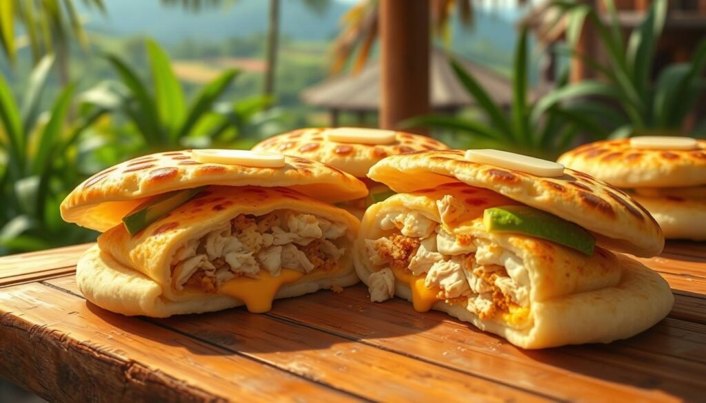 Delicious, freshly grilled arepas with a golden-brown crust, glistening with melted butter. Crisp and fluffy white corn cakes, split open to reveal a soft, pillowy interior. Layers of savory fillings spilling out, like shredded chicken, melted cheese, and creamy avocado. The arepas are arranged on a rustic wooden table, bathed in warm, natural lighting that casts soft shadows. In the background, a vibrant tropical setting with lush greenery and a glimpse of a traditional Venezuelan landscape. The overall scene evokes the rich culinary heritage and inviting flavors of Arepas Venezolanas. Delicious, freshly grilled arepas with a golden-brown crust, glistening with melted butter. Crisp and fluffy white corn cakes, split open to reveal a soft, pillowy interior. Layers of savory fillings spilling out, like shredded chicken, melted cheese, and creamy avocado. The arepas are arranged on a rustic wooden table, bathed in warm, natural lighting that casts soft shadows. In the background, a vibrant tropical setting with lush greenery and a glimpse of a traditional Venezuelan landscape. The overall scene evokes the rich culinary heritage and inviting flavors of Arepas Venezolanas.