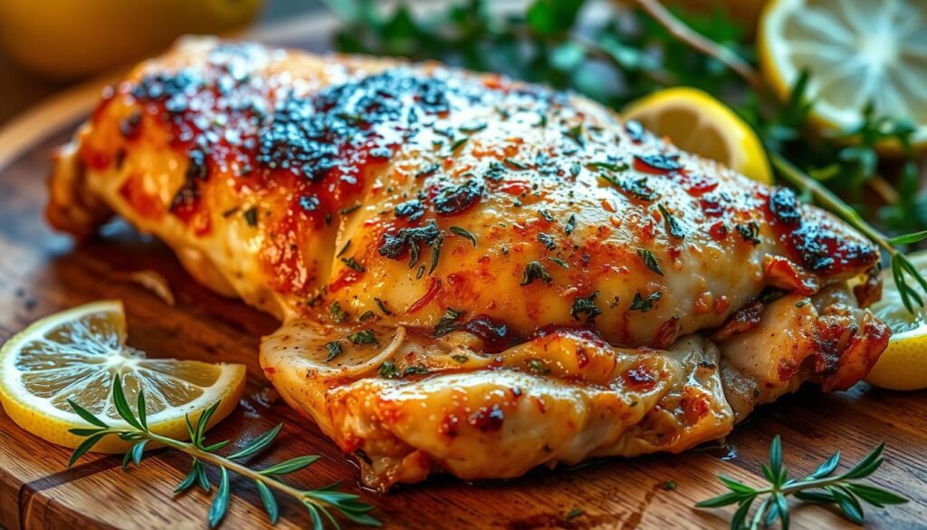 Delicious oven-baked chicken breast with a crispy, golden-brown skin and juicy, tender meat. The chicken is seasoned with a flavorful marinade of garlic, herbs, and spices, creating a mouthwatering aroma that fills the kitchen. Soft lighting casts a warm glow, highlighting the beautiful caramelization on the surface. The chicken is presented on a rustic wooden board, surrounded by fresh herbs and lemon wedges, creating a visually appealing and appetizing scene. The camera angle is slightly elevated, capturing the dish from a three-quarter view, showcasing the dish's delectable qualities.