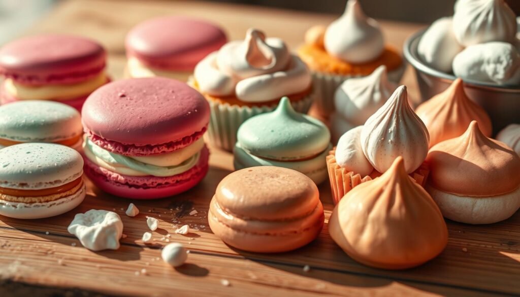 Delightful assortment of mouthwatering macaroons, marshmallow-filled muffins, and melt-in-your-mouth meringues on a rustic wooden table, bathed in warm, soft lighting. Meticulously crafted treats in a range of vibrant, pastel hues - magenta, mint, and marmalade. Textural contrast between the crisp, airy meringues and the pillowy, gooey marshmallows. Subtle shadows and reflections add depth and dimension to the scene. An inviting, whimsical atmosphere that captures the essence of sweet indulgence.