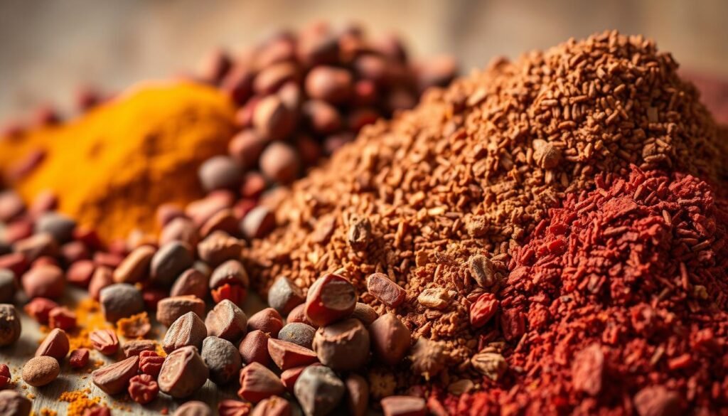 Detailed, high-resolution close-up image of a vibrant assortment of sumac spices, including whole dried sumac berries, sumac powder, and sumac spice mix, beautifully arranged against a natural, earthy background. Soft, warm lighting highlights the rich red-purple hues and the intricate textures of the spices. Shallow depth of field, with the spices in sharp focus and the background subtly blurred, creating a sense of depth and emphasis on the subject. The overall mood is one of culinary sophistication and the inviting aroma of the spices.