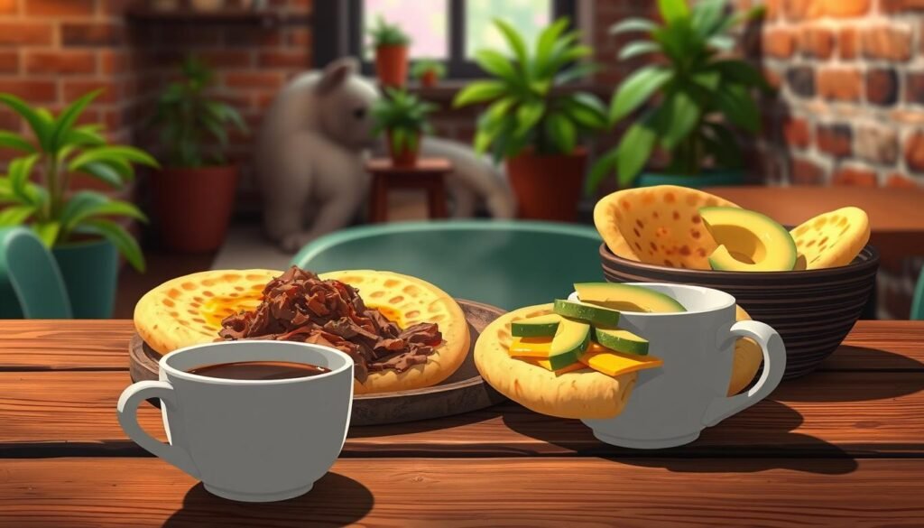 Freshly grilled arepas on a rustic wooden table, with a steaming cup of coffee in the foreground. Soft lighting illuminates the golden-brown cornmeal cakes, revealing their authentic texture and aroma. In the middle ground, an array of classic Venezuelan toppings - shredded beef, melted cheese, and vibrant avocado slices - spilling out of the arepas. The background features a cozy cafe setting, with exposed brick walls and lush potted plants, conveying a sense of warmth and tradition. The overall scene evokes the comforting and convivial experience of enjoying authentic Venezuelan cuisine in the heart of a thriving U.S. neighborhood. Freshly grilled arepas on a rustic wooden table, with a steaming cup of coffee in the foreground. Soft lighting illuminates the golden-brown cornmeal cakes, revealing their authentic texture and aroma. In the middle ground, an array of classic Venezuelan toppings - shredded beef, melted cheese, and vibrant avocado slices - spilling out of the arepas. The background features a cozy cafe setting, with exposed brick walls and lush potted plants, conveying a sense of warmth and tradition. The overall scene evokes the comforting and convivial experience of enjoying authentic Venezuelan cuisine in the heart of a thriving U.S. neighborhood.