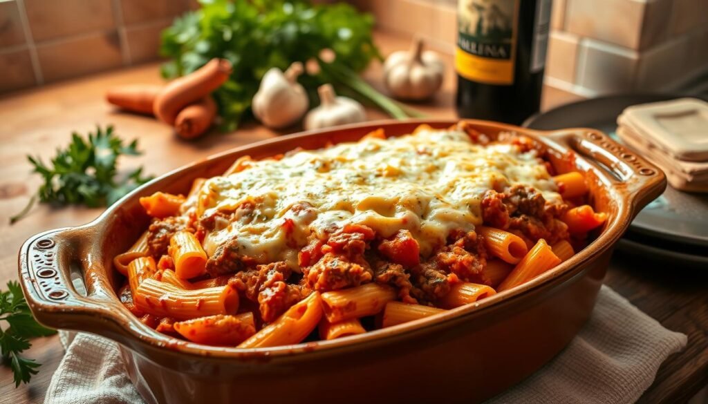 Homemade baked ziti with a golden-brown bubbly cheese topping, nestled in a rustic ceramic baking dish. The dish is illuminated by warm, soft lighting, casting gentle shadows and highlighting the rich, tomato-based sauce swirling with ground Italian sausage and tender, al dente pasta. In the background, a kitchen counter with fresh herbs, garlic, and a bottle of Italian red wine set the scene for a cozy, family-style meal. The image evokes a sense of homemade comfort, quality ingredients, and the love and care that goes into preparing this classic Italian-American dish. Homemade baked ziti with a golden-brown bubbly cheese topping, nestled in a rustic ceramic baking dish. The dish is illuminated by warm, soft lighting, casting gentle shadows and highlighting the rich, tomato-based sauce swirling with ground Italian sausage and tender, al dente pasta. In the background, a kitchen counter with fresh herbs, garlic, and a bottle of Italian red wine set the scene for a cozy, family-style meal. The image evokes a sense of homemade comfort, quality ingredients, and the love and care that goes into preparing this classic Italian-American dish.