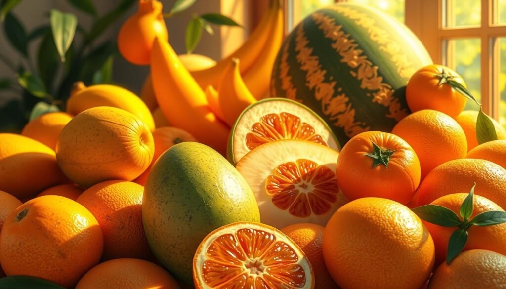 Luscious, mouthwatering mangoes, melons, and mandarins arranged in a bountiful still life, illuminated by warm, golden light filtering through a window. The juicy, vibrant fruits are captured in a crisp, high-resolution close-up, showcasing their enticing textures and vibrant colors. Meticulously placed to create a visually harmonious and appetizing composition, the fruits seem to almost radiate a tantalizing aroma, inviting the viewer to reach out and savor their sweet, succulent flavors. The overall mood is one of abundance, freshness, and the irresistible allure of nature's most delectable M-starting fruits.