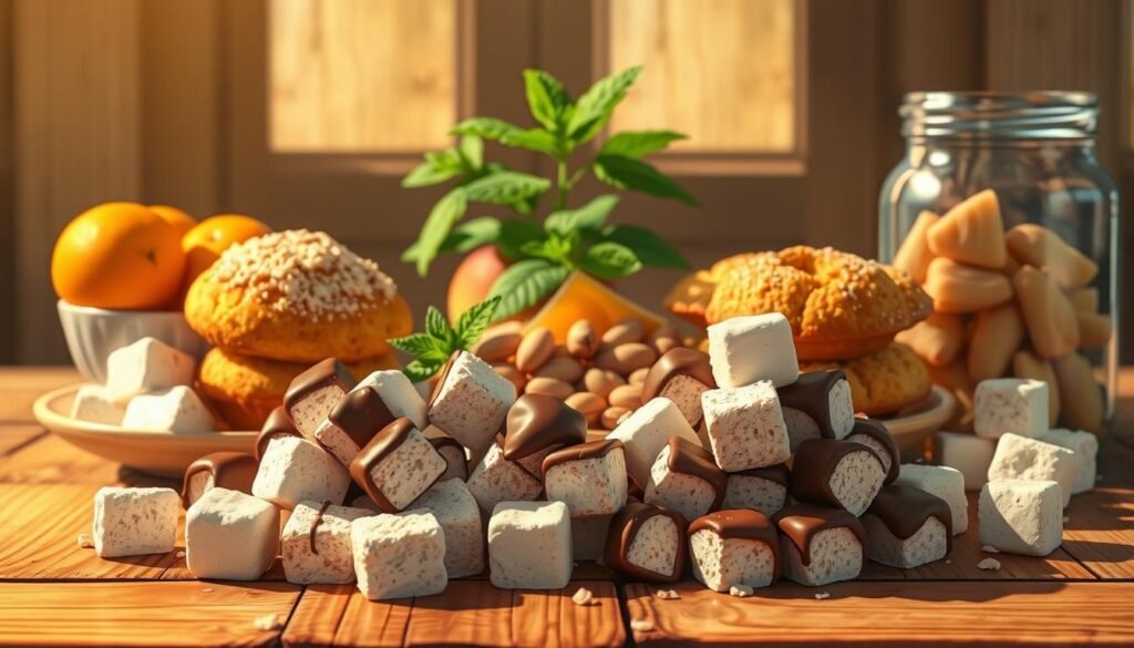 Mouthwatering assortment of snacks on a rustic wooden table, backlit by warm natural light. In the foreground, a pile of glistening chocolate-dipped marshmallows, flanked by a stack of freshly baked muffins with crumbly tops. Behind them, a bowl of vibrant, juicy mandarin oranges and a plate of golden, crispy madeleines. The middle ground features a scattering of macadamia nuts and a jar of honeycomb, casting a soft, golden glow. In the background, a cluster of lush, green mint leaves adds a refreshing accent, complementing the rich, indulgent treats. The overall scene evokes a cozy, inviting atmosphere, perfect for savoring the delectable "M" snacks.