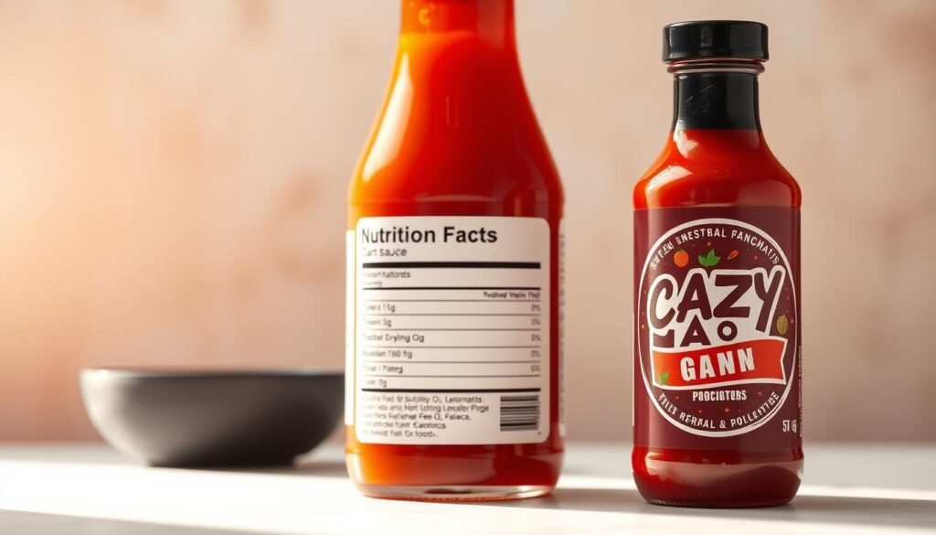 Nutritional information of crazy sauce, presented on a sleek, modern label. In the foreground, a high-resolution, detailed illustration of the sauce bottle, with its distinctive shape and vibrant red color. The middle ground features a crisp, minimalist nutrition facts table, showcasing the key nutritional values in a clean, legible format. The background is a soft, blurred gradient, adding depth and focus to the central elements. Warm, directional lighting casts subtle shadows, enhancing the three-dimensional quality of the scene. The overall composition is balanced, professional, and designed to clearly convey the nutritional information of this popular sauce. Nutritional information of crazy sauce, presented on a sleek, modern label. In the foreground, a high-resolution, detailed illustration of the sauce bottle, with its distinctive shape and vibrant red color. The middle ground features a crisp, minimalist nutrition facts table, showcasing the key nutritional values in a clean, legible format. The background is a soft, blurred gradient, adding depth and focus to the central elements. Warm, directional lighting casts subtle shadows, enhancing the three-dimensional quality of the scene. The overall composition is balanced, professional, and designed to clearly convey the nutritional information of this popular sauce.