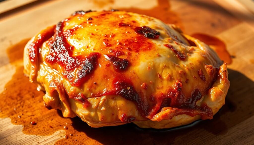 Oven-baked bone-in chicken breast, golden-brown skin, glistening with juices, resting on a rustic wooden cutting board. The succulent meat contrasts with the crisp, flavorful skin, inviting the viewer to imagine the tender, juicy texture. Warm, natural lighting casts subtle shadows, highlighting the contours of the chicken. The scene conveys a sense of rustic elegance, making the viewer's mouth water in anticipation of a delicious, home-cooked meal.