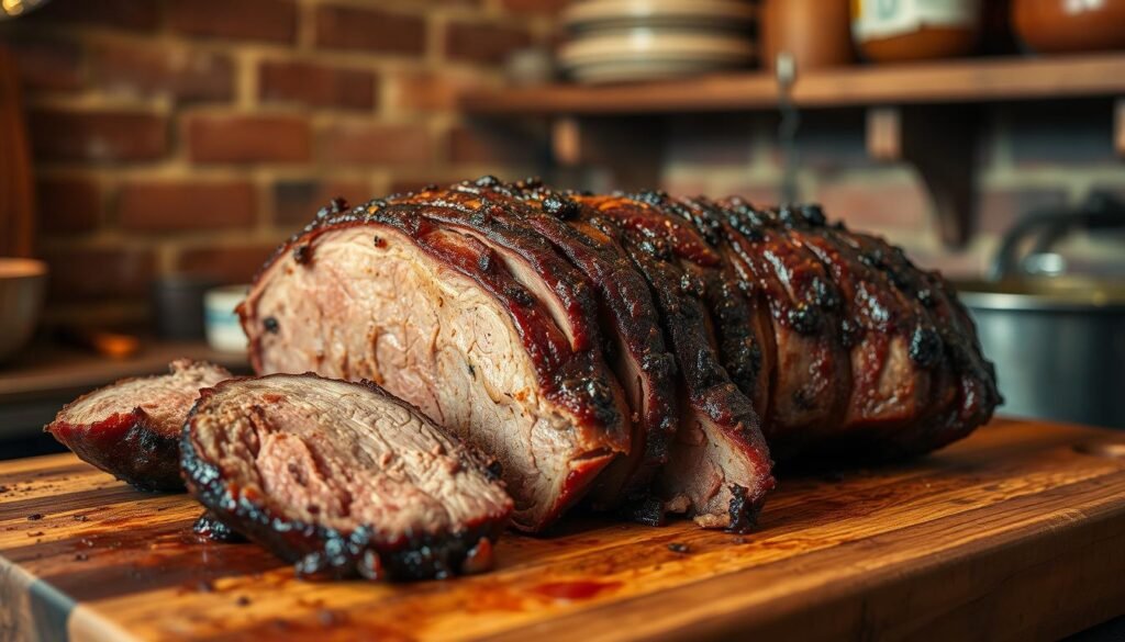 Slow-cooked brisket, tender and juicy, glistening with a deep, caramelized crust. Thick slices resting on a wooden cutting board, the aroma of smoked paprika and garlic wafting through the air. Warm lighting casts a golden glow, highlighting the beefy texture and rich, mahogany hues. In the background, a rustic kitchen setting with exposed brick walls and weathered wooden shelves, hinting at the care and patience required to craft this succulent dish. A scene that evokes the comforting flavors and the art of slow, meticulous preparation that defines the perfect brisket Bolognese. Slow-cooked brisket, tender and juicy, glistening with a deep, caramelized crust. Thick slices resting on a wooden cutting board, the aroma of smoked paprika and garlic wafting through the air. Warm lighting casts a golden glow, highlighting the beefy texture and rich, mahogany hues. In the background, a rustic kitchen setting with exposed brick walls and weathered wooden shelves, hinting at the care and patience required to craft this succulent dish. A scene that evokes the comforting flavors and the art of slow, meticulous preparation that defines the perfect brisket Bolognese.