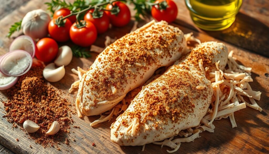 Sumac-dusted chicken breasts, freshly shredded, laid out on a rustic wooden table. Alongside, a collection of vibrant ingredients - sliced onions, juicy tomatoes, fragrant garlic cloves, a sprinkle of sumac spice, and a drizzle of aromatic olive oil. The scene is illuminated by soft, natural lighting, casting warm shadows and highlights that accentuate the textures and colors. The overall composition evokes a homemade, heartwarming feel, perfect for showcasing the simple yet flavorful elements of a delicious pulled sumac chicken dish.