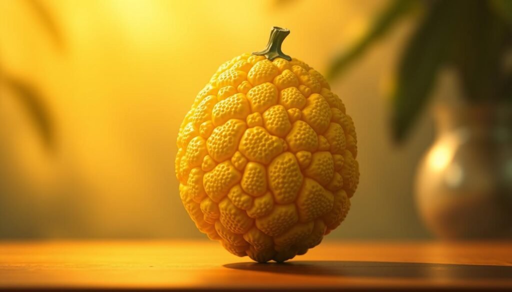 Ugli Fruit, a unique and visually striking citrus fruit, standing prominently in the foreground against a blurred, softly-lit background. The textured, bumpy skin of the Ugli Fruit is rendered in high detail, showcasing its distinctive appearance. Warm, golden lighting casts gentle shadows, highlighting the fruit's irregular shape and vibrant, yellowish-green hue. The composition is balanced, with the Ugli Fruit occupying a central position, allowing it to take center stage as the focal point of the image. The overall mood is one of curiosity and intrigue, inviting the viewer to explore this unusual and lesser-known member of the citrus family.