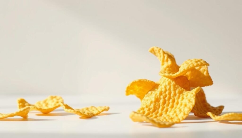 Unagi Flavored Chips, crisp and golden, prominently displayed in the foreground. Textured with a subtle sheen, the chips appear freshly fried, emanating a tantalizing aroma. In the middle ground, a minimalist, light-colored background allows the snack to take center stage. Soft, natural lighting casts gentle shadows, accentuating the depth and dimension of the crunchy treat. The overall composition evokes a sense of simplicity and appetite appeal, perfectly showcasing this unique savory snack.