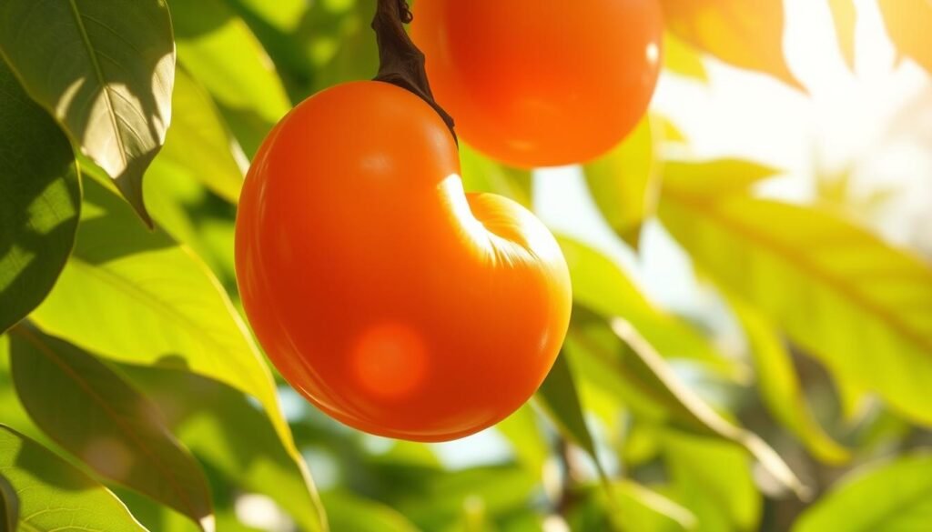 Vibrant cashew fruit, hanging from lush green foliage, shining in the warm tropical sun. Close-up view, highlighting the distinctive kidney shape, the smooth reddish-orange skin, and the stem protruding from the top. The fruit appears juicy and inviting, casting soft shadows on the background. Capture the essence of this unique tropical delight, showcasing its natural beauty and allure. Vibrant cashew fruit, hanging from lush green foliage, shining in the warm tropical sun. Close-up view, highlighting the distinctive kidney shape, the smooth reddish-orange skin, and the stem protruding from the top. The fruit appears juicy and inviting, casting soft shadows on the background. Capture the essence of this unique tropical delight, showcasing its natural beauty and allure.