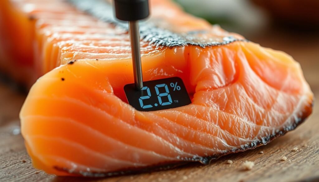 a highly detailed, close-up photograph of the internal temperature of smoked salmon, captured with a high-resolution macro lens and natural lighting. The image shows a thin slice of the salmon, revealing its soft, flaky texture and the delicate striations of the flesh. The temperature sensor is precisely inserted into the center of the salmon, displaying a digital readout that clearly indicates the internal temperature. The background is blurred, putting the focus entirely on the salmon and the temperature measurement. The lighting is soft and evenly distributed, highlighting the salmon's natural colors and creating a warm, appetizing atmosphere. a highly detailed, close-up photograph of the internal temperature of smoked salmon, captured with a high-resolution macro lens and natural lighting. The image shows a thin slice of the salmon, revealing its soft, flaky texture and the delicate striations of the flesh. The temperature sensor is precisely inserted into the center of the salmon, displaying a digital readout that clearly indicates the internal temperature. The background is blurred, putting the focus entirely on the salmon and the temperature measurement. The lighting is soft and evenly distributed, highlighting the salmon's natural colors and creating a warm, appetizing atmosphere.